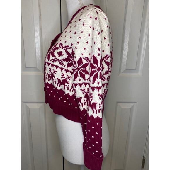 Decree Women’s Cropped Fair Isle Button-Up Burgundy Maroon Sweater Size X-Large - Picture 4 of 6